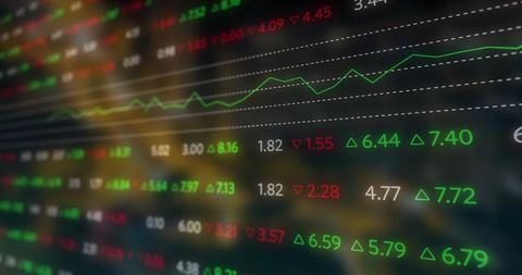 Displaying live stock market ticker with uptrending line, neon arrows, real-time data and bokeh