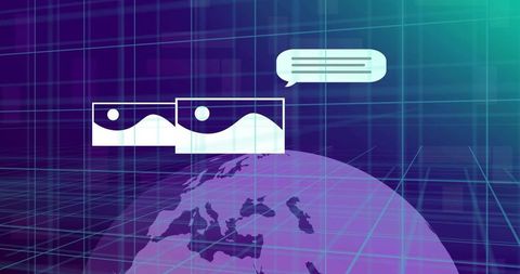 Rotating neon globe displaying thumbnails and chat bubble in futuristic 3d ui