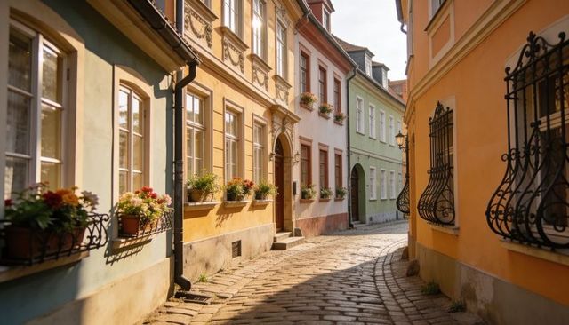 Sunlit curving cobblestone alley with pastel facades and flower boxes