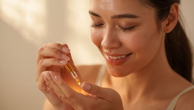 Smiling asian woman applying facial oil with glass dropper glowing dewy skin ritual
