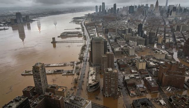 Aerial urban flooding along waterfront boulevard with submerged midrises and debris, storm surge