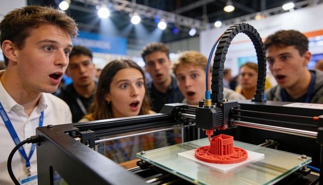 Students Watching 3D Printer Printing Red Gear at Tech Expo, Live Prototyping Demonstration