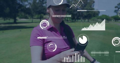 Golfer checking smartphone with augmented reality data overlays and analytics on fairway