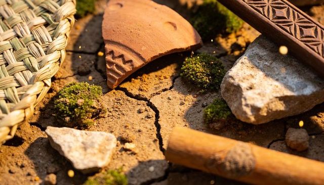 Sunlit cracked earth with terracotta shard, carved wood strip and woven basket rim