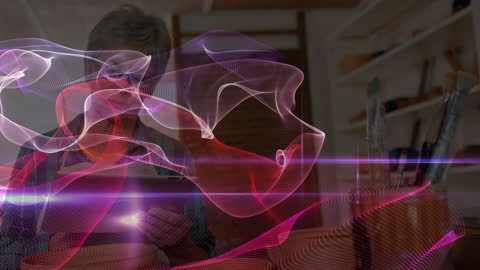 Businesswoman Engaged with Digital Interface and Light Trails