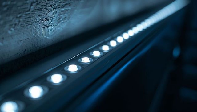 Cool blue linear led wall lighting with circular lenses, textured plaster and metal trim