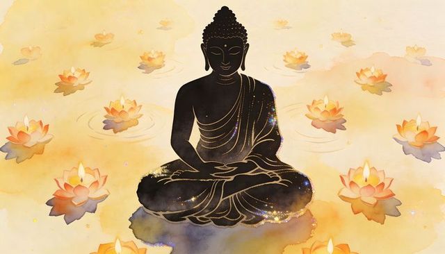 Serene buddha silhouette with gold accents and floating lotus candlelight on watercolor pond