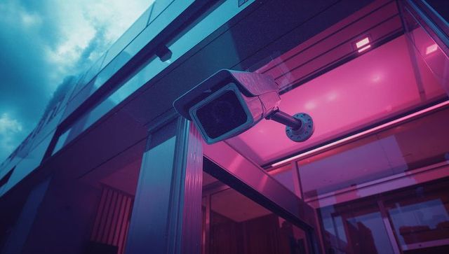 Futuristic security camera on contemporary building
