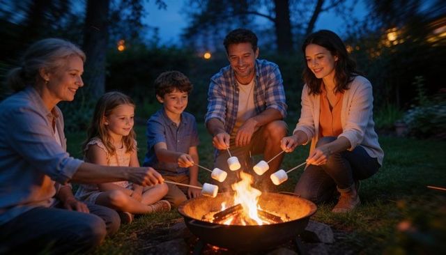 Multigenerational family roasting marshmallows around backyard fire pit at dusk, cozy evening