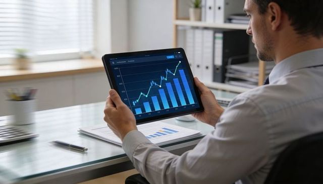 Businessman holding tablet showing financial growth dashboard and analytics at office desk