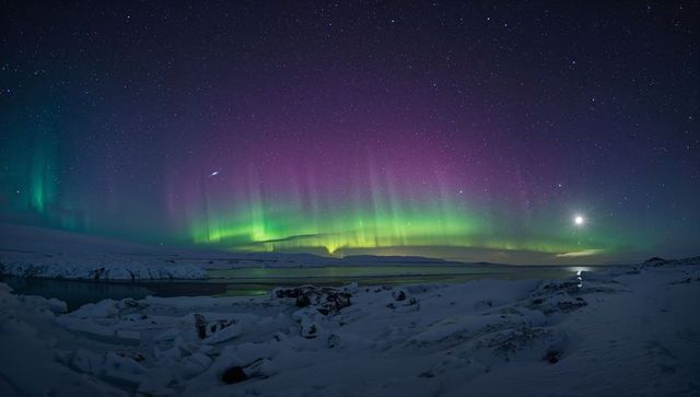 Dancing green and purple aurora over snowy Arctic fjord reflecting across calm starry night sky