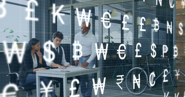 Business Meeting with Currency Symbols Overlay  - Download Free Stock Images Pikwizard.com