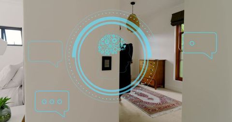 Muslim woman standing opening dresser in minimalist bedroom with futuristic hud overlay