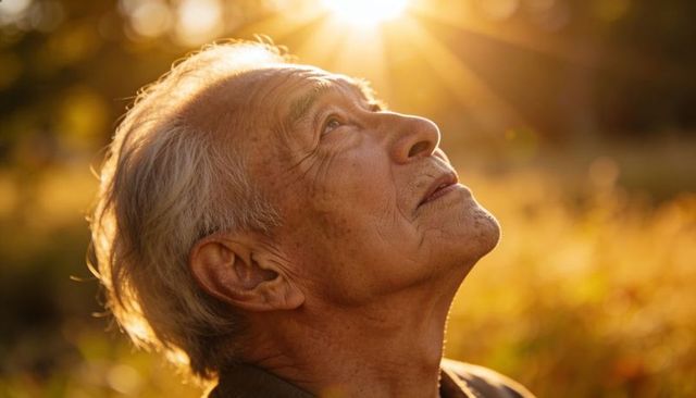 Senior asian man gazing toward sun in golden meadow, rim-lit contemplative backlit portrait