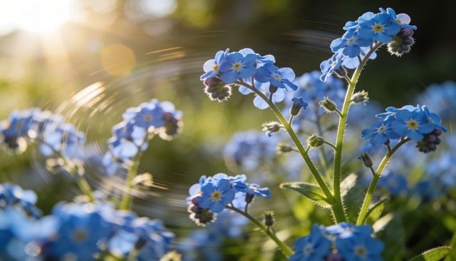Backlit forget-me-not blooms glowing in golden meadow with delicate spider silk