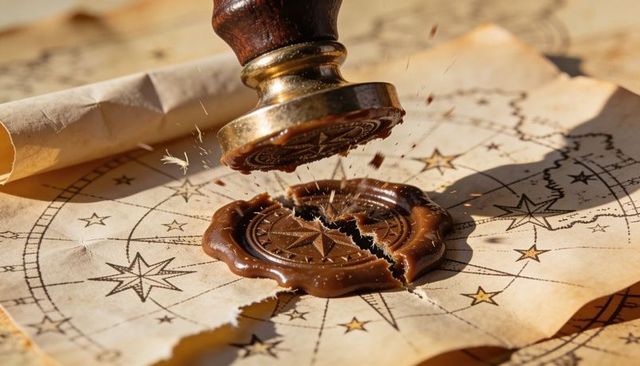 Pressing Brass Wax Seal Cracking Compass-Star Impression on Antique Parchment Map