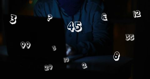 Hacker in Hoodie with Floating Digital Numbers Using Laptop at Night - Download Free Stock Images Pikwizard.com