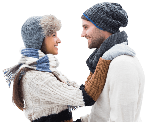 Cheerful Couple in Winter Attire on Transparent Background