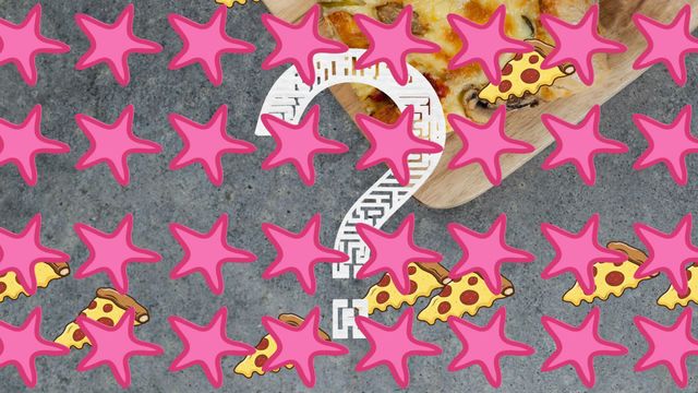 Vibrant pattern featuring pink starfish icons and pizza slices with a central maze question mark. Suitable for use in social media graphics, communication interface designs, creative backgrounds, web design elements, and marketing materials targeting a fun and dynamic audience.