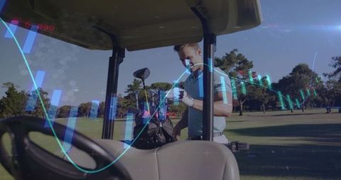 Golfer grabbing club from cart with financial data overlay, sports investment concept