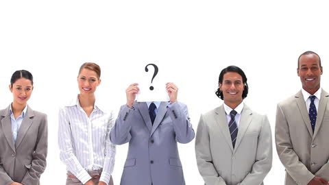 Diverse Business Team Poses Mysterious Question Mark Concept