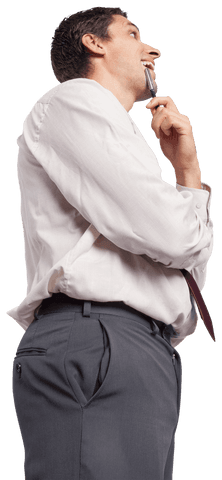 Transparent Businessman Pondering with Pen to Chin