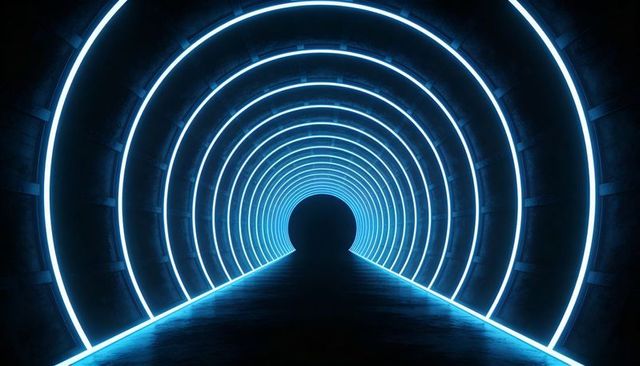 Neon tunnel with glowing blue rings and reflective floor creating futuristic perspective