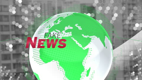 Green Globe Highlighting Fake News Concept with Hexagonal Background