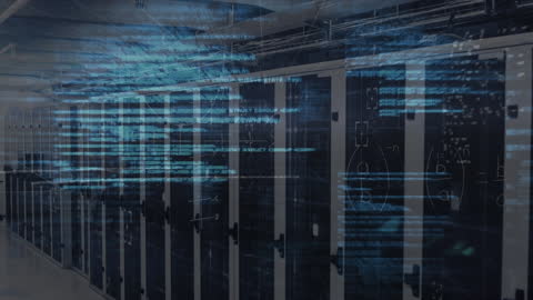 Digital Code Flowing Over Modern Data Center Servers