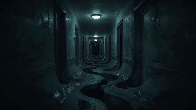 Eerie Deserted Corridor With Snaking Water Channel and Closed Doors