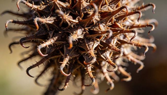 Gleaming dried seed pod catching sunlight with hooked spines and textured macro