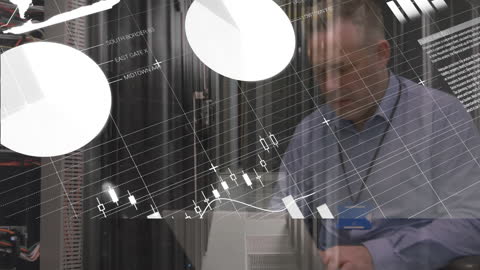 Engineer Analyzing Data in Server Room with Infographic Overlay