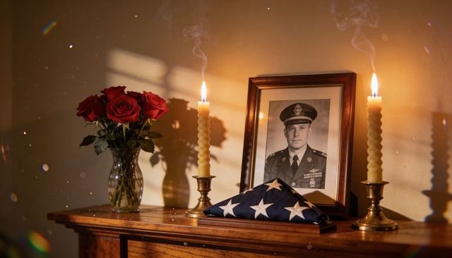 Honoring fallen officer with folded american flag, uniform portrait, roses and candles