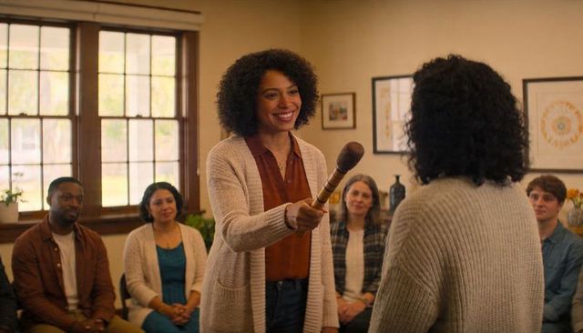 Smiling black woman holding talking stick leading community circle in cozy meeting room