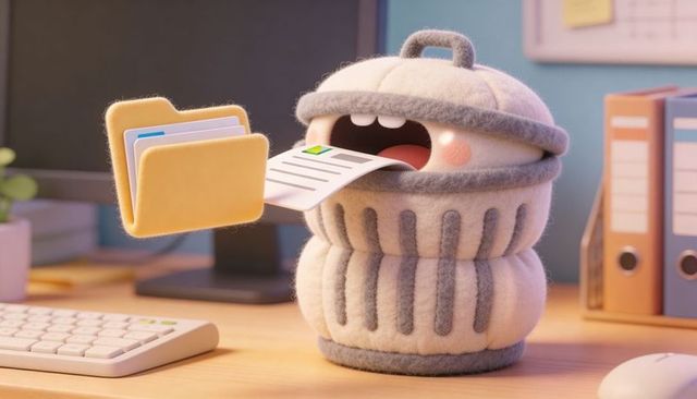Felt trashcan mascot munching document while hovering folder on plush office workspace
