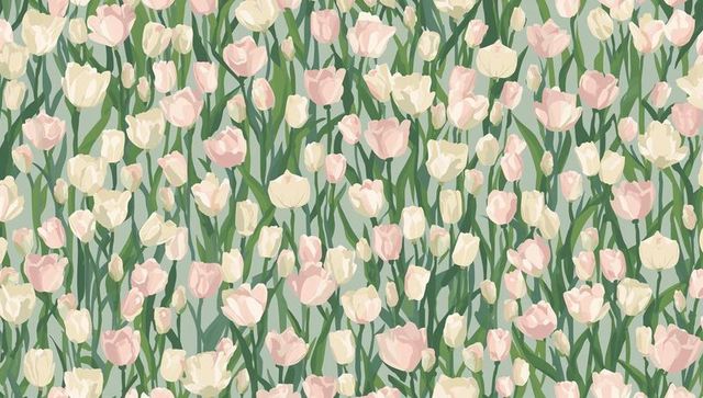 Seamless pastel tulip pattern in pale pink and cream with green stems for wallpaper