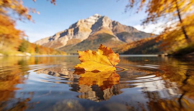 Golden maple leaf floating on alpine lake with mountain reflection and autumn ripples