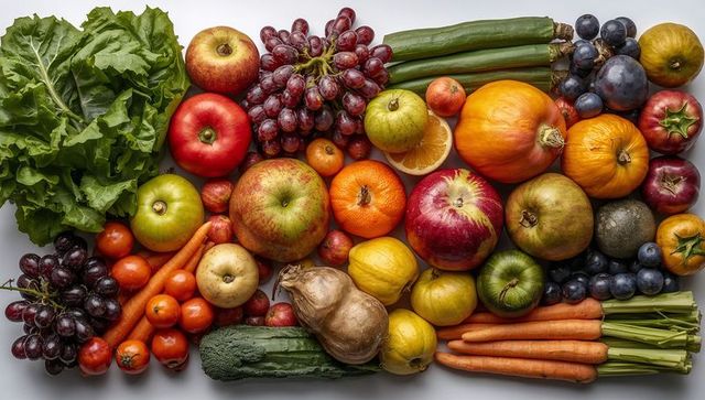 Colorful produce flatlay showing mixed fruits and vegetables overhead mosaic healthy living