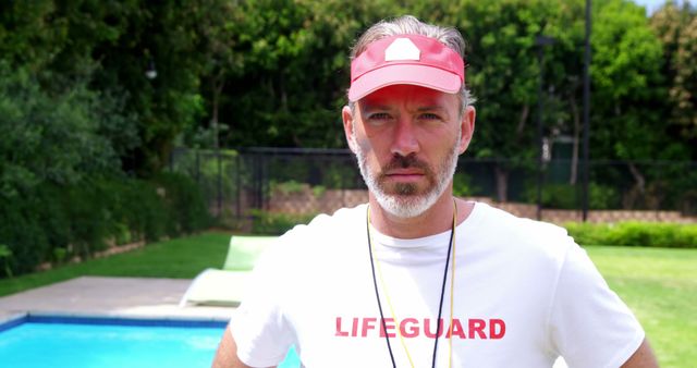 Confident Middle-aged Lifeguard Standing by Outdoor Pool - Download Free Stock Images Pikwizard.com