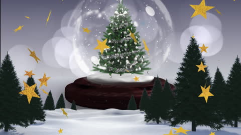 Magical Snow Globe with Christmas Tree and Falling Stars