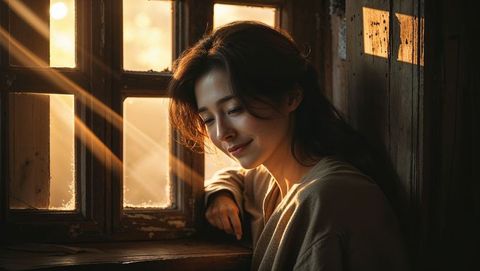 Woman in casual attire relaxing by sunlit woodland window - shy concept