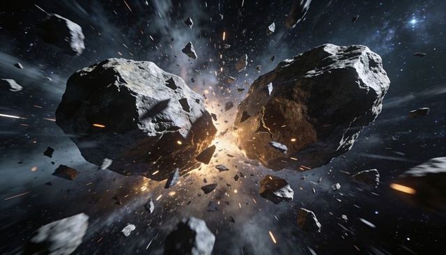 Colliding asteroids ejecting fiery debris and shards amid high-speed space fragmentation