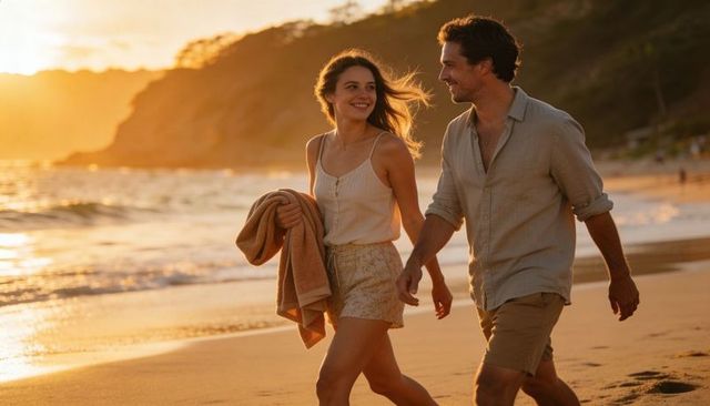 Couple walking on beach at golden hour, smiling and holding towel during sunset stroll