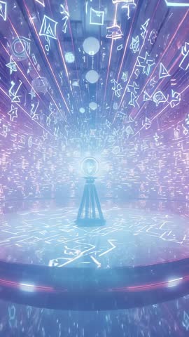 Orb Glowing and Projecting Neon Geometry in Futuristic Pastel Gallery - Vertical Video