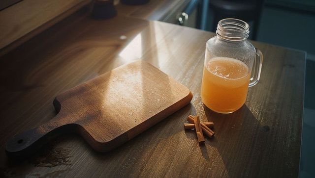 Rustic kitchen scene with mason jar and cinnamon sticks in warm light