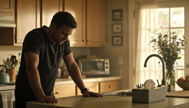 Pensive man leaning on kitchen island gazing downward in warm morning light