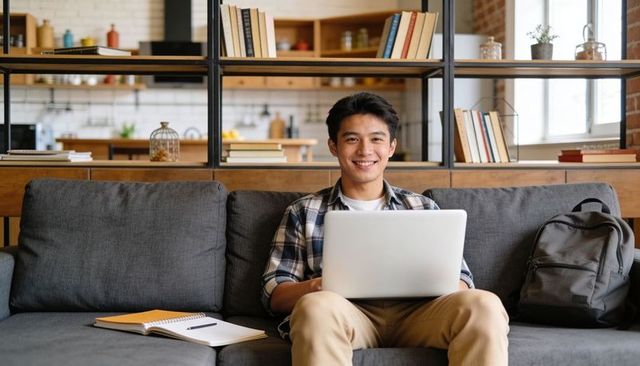 University student studying on sofa with laptop, modern loft interior bathed in natural light