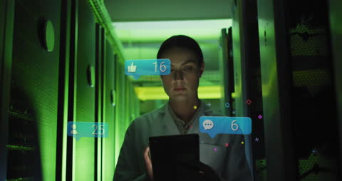 Female Engineer Monitoring Social Media Metrics in Server Room with Tablet