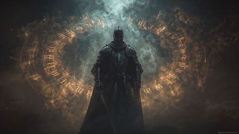 Armored medieval knight with longsword surrounded by mystic runes in cavern