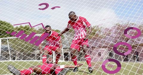 Soccer teammates helping injured player on grass pitch with purple graphic overlay